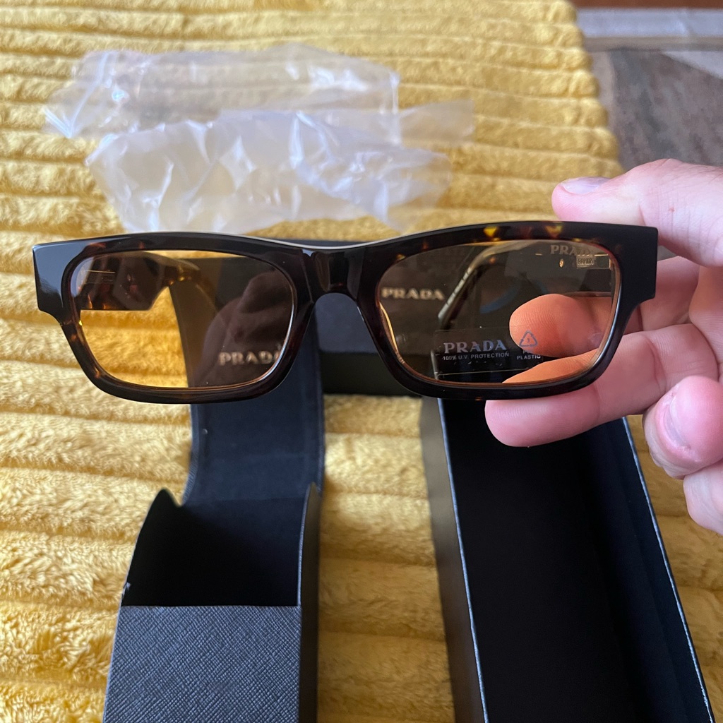 Authentic New Prada Brown Textured Sunglasses With Elegant Yellow Tint.